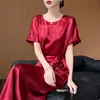 Vestido largo sencillo y elegante de satén dorado, suave y fluido, con mangas cortas, decoración de corbata y lazo para el uso diario en primavera y verano.