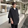 Camisa de Manga Média Estilo Hong Kong Masculina 2025 Cor Sólida Abotoamento Lateral Fenda Nicho Camisa de Manga Curta Masculina e Feminina Camisa Casual