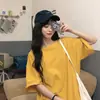 Camiseta naranja de manga corta sin hombros para mujer, diseño de nicho de verano, chic, dulce y picante, top holgado para pareja, top estilo Ins