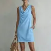 Nuevo vestido corto de mujer de estilo europeo y americano, éxito transfronterizo en TikTok, color liso, drapeado, sin mangas, cuello fruncido, con bolsillos