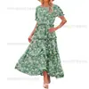 Vestido largo plisado con estampado floral y mangas abullonadas para mujer, primavera y verano 2024, estilo transfronterizo, estilo europeo y americano