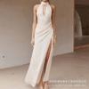 2025 Nuevo Vestido de Verano Elegante de Moda Transfronteriza Europea y Americana de Color Puro con Abertura en la Espalda y Tirantes, Falda Larga para Mujer
