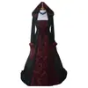 Moda Europeia e Americana Popular Vestido de Banquete Medieval com Capuz com Mangas Longas Estampadas Retrô Literárias e Amarração na Cintura
