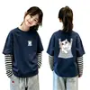 Nueva camiseta de estilo coreano para niñas, imitación de dos piezas, manga larga, camiseta básica de algodón puro para otoño, top versátil y elegante a la moda para niñas
