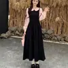 Vestido Patchwork Color Block com Cadarço, Manga Bufante e Gola Peter Pan Feminino Outono Estilo Salgado Doce Tamanho Grande Cintura Marcada Emagrecedor Evasê Longo