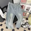 Jeans bordados de color claro estilo americano nuevos de primavera para hombre, marca de tendencia de alta costura, pantalones casuales rectos holgados, pantalones rectos de pierna ancha