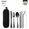 Conjunto de Talheres de Aço Inoxidável Amazon 1010, Faca, Garfo, Colher, Canudo, Hashi, Conjunto de 7 Peças, Caixa de Presente Portátil
