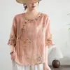 Camisa Bordada Estampada de Ráfia Estilo Clássico para Mulheres, Blusa Pulôver Solta com Mangas Três Quartos, Top de Verão Estilo Artístico Nacional