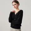 Suéter de cachemira para mujer con ribete de encaje francés, diseño de cuello en V, elegante y chic, color liso, de manga larga, estilo jersey, perfecto como capa interior