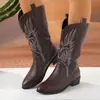 Comércio exterior europeu e americano plus size 2026 outono e inverno novas botas de cavaleiro bordadas para mulheres, bico fino, salto quadrado, botas longas bordadas transfronteiriças