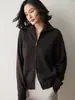 Cardigan de Tricô de Caxemira com Zíper e Gola Alta para Outono e Inverno, Solto, Suave, Estilo Preguiçoso, Cor Sólida, Casaco Feminino Versátil