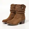 Gran Venta Nuevas Botas Vaqueras Retro Occidentales para Mujer Tacón Grueso Arrugadas Caídas Botas de Media Caña para Otoño/Invierno Botas Cómodas para Mujer Venta al por Mayor