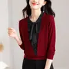 Suéter Rojo de Punto Falso Dos Piezas para Mujer Manga Larga Primavera Otoño Nuevo Estilo Camisa de Lunares con Lazo Top Básico
