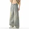 Calça Jeans Vintage Lavada com Retalhos em Três Lados, Cintura Elástica Reta Solta, Novo Estilo Outono 2026