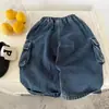 Pantalones Largos para Niños 2026 Otoño Nueva Llegada Unisex Color Sólido Bolsillo Pantalones Cargo Jeans Bordados para Bebé