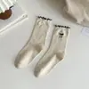 Meias de Cor Sólida para Primavera e Outono Meias de Comprimento Médio para Crianças Algodão Meias Felpudas de Outono e Inverno Meias de Lã Fina Meias com Laço de Renda