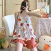 Pijama de Shorts com Alça de Verão Feminino Pêssego com Bojo Conjunto de Roupas de Casa Soltas para Meninas