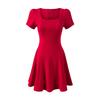 L25224-25 Novo Estilo de Verão Estilo Francês Casual Afunilado na Cintura Look Emagrecedor Vestido Colete A-Line de Manga Curta com Decote Quadrado