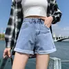 Shorts de Mezclilla para Mujer Verano 2021 Tendencia Ins de Cintura Alta Adelgazantes Dobladillo Enrollado Color Claro Celebridad de Internet Shorts de Corte A