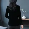 Camiseta de Veludo Preto de Manga Longa 2025 Outono e Inverno Nova Elegante Que Cobre a Barriga Camada Base Sofisticada Top Externo para Mulheres