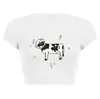 2025 Nuevo Verano Y2K Retro Americano Estampado de Vaca Espacial Ajustado Ajustado Hombro Derecho Camiseta de Manga Corta Tops para Mujer