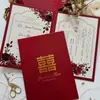 Invitación de boda de lujo estilo chino con caracteres "feliz" estampados en oro, sobre con relieve de rosa roja, invitación bilingüe chino-inglés para banquete de boda