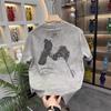 2025 Nova Camisa Masculina de Verão Versátil Tie-Dye Lavado com Estampa de Letras Manga Curta Top Meia-Manga Gola Redonda Bonito