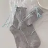 Calcetines Holgados Estilo Coreano de Alto Valor para Niñas con Encaje, Versátiles Lindos Calcetines de Cuadros Gris Azul con Moño para Primavera y Verano