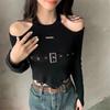 Garota quente design de manga longa sexy malha outono base nova malharia ombro a ombro irregular slim top curto