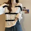 Estilo Coreano Otoño/Invierno Nueva Llegada Rayas en el Cuello Bloques de Color Suéter Chic Temperamento Adelgazante Retro Cardigan de Punto Trenzado Blanco