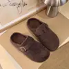 Pantuflas de suela gruesa con hebilla de cuero, que aumentan la altura, de lana, retro, para mujer, de punta cerrada, sin cordones, otoño e invierno, zuecos, para usar en exteriores