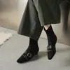 Botas Delgadas Elásticas con Hebilla de Cinturón Estilo Francés, Fáciles de Poner y Combinar, Botines Cortos Elásticos de Terciopelo con Peluche, Punta Cuadrada Pequeña, Botines Individuales Marrones de Tacón Bajo