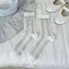 Meias Femininas em Azul Claro com Bordado de Laço Feito à Mão, Design de Urso, Malha Respirável Versátil Meia Slouch Atacado Algodão