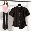 Camisa de Mujer de Manga Corta con Cuello en V Estilo Francés, Nuevo Modelo Verano 2026, Tallas Grandes, Adelgazante, Camiseta Base Corta Irregular