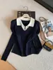 Conjunto de moda de otoño 2026, moderno y elegante, versátil, imitación de dos piezas, cuello camisero, suéter base de punto A13526