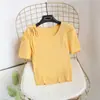 Nuevo suéter de encaje hueco de verano con cordones y cuello redondo, camiseta de manga corta ajustada corta para mujer, top de manga abullonada para base