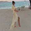 Europeo y Americano Transfronterizo 2024 Verano Nuevo Vestido de Encaje Plisado Sexy con Perspectiva de Cuello en V y Aberturas