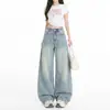 Nuevos Jeans de Mezclilla Lavada Desgastada Estilo Retro Azul Claro para Mujer Americanos Sueltos Pierna Ancha de Nueve-&Longitud Completa&Longitud Extendida