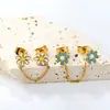 Brincos Longos Duplos de Personalidade Europeia e Americana Simples Versátil Sensação Fresca Flor Gotejamento de Óleo Aço Inoxidável Brincos Doces para Meninas