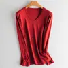 [Processamento Personalizado] Camiseta de Manga Longa para Mulheres em Seda de Amora e Algodão Mercerizado, Corte Solto, Emagrecedora, Cor Sólida Base, Gola Redonda, Gola V