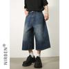 Nirben Mezclilla Verano perfil suelto lavado vintage desgastado cortos rectos Pantalones cortos de mezclilla moda hombre