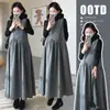 Moda Gestante 2025 Outono e Inverno Nova Moda Vestido Sem Mangas com Recortes e Barra Larga + Camisa Básica Elegante Conjunto Tendência
