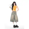 Calça Jeans Cropped Lavada Vintage Estilo Americano Tinta Suja Manchas Verão Solta Wide Leg Casual Comprimento Médio Retrô Azul