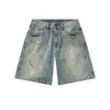 Shorts Jeans Masculino de Verão Novo Shanggu com Manchas de Tinta Salpicada Calça Reta de Perna Larga Cinco Pontos Masculina