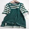 Diseño Cuello Redondo Rayas Contrastantes Falso Dos Piezas Punto Manga Corta Verano Nuevo Look Holgado Adelgazante Top Camisa de Mujer