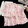 Pijama Infantil Algodão Nuvem Meninas Verão Renda Gola Quadrada Pulôver Estampa de Desenho Estilo Coreano Ins Conjunto Soltinho Fofo