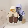 Romper de una pieza con capucha y forro polar para bebé, bloques de color nuevos, cachorro, para primavera y otoño, salida casual