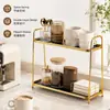 Estante de Almacenamiento de Vidrio de Doble Capa Negro y Dorado Organizador de Cosméticos para Tocador de Baño Estante Organizador de Escritorio de Hierro Dorado