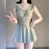 Maiô Feminino 2026 Novo Estilo com Mangas Pequenas Volumosas, Peça Única Conservador Estilo Saia Verde Abacate Estudante Alta Qualidade Roupa de Banho para Fontes Termais
