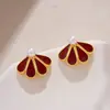 Pendientes de perla retro color vino tinto de alta calidad, diseño de pendientes nuevo para otoño e invierno 2024, pendientes de flor en forma de abanico